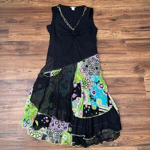 Y2K Black Green Maximalist Patchwork Midi Dress Ruffle Mesh Small Fairy Goth